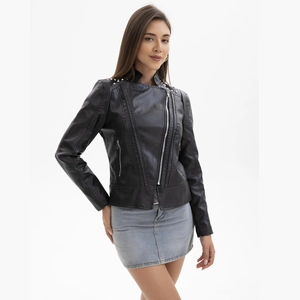 Women's black faux leather biker jacket with silver shoulder studs and zipper details