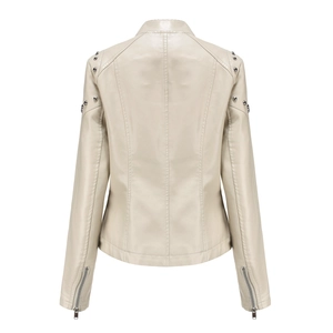 Detail view of cream faux leather jacket back featuring metallic stud accents and rivets