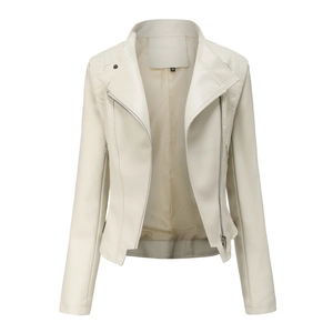 Veste cintrée en cuir PU crème pour femme avec revers et fermeture éclair asymétrique