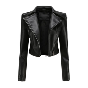 Classic black faux leather biker jacket with silver rivets and metal zipper for women