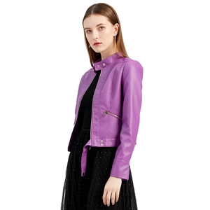 Women's purple short PU leather jacket with stand collar and zipper pockets on white background