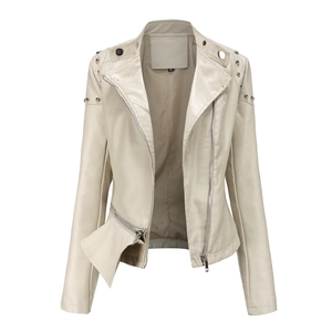 Women's beige faux leather biker jacket with silver studs and diagonal zipper closure