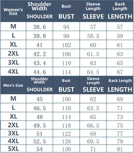 Detailed size chart for men and women reversible coral fleece jacket with measurements
