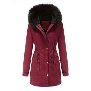 Detailed front view of wine red parka with black faux fur hood and drawstring waist