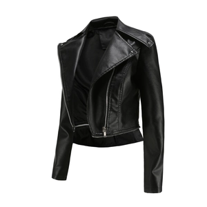 Detailed view of black faux leather biker jacket with silver metallic zippers and lapel