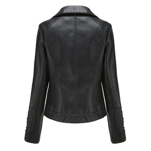 Vue arrière du blouson cintré en simili cuir noir avec coutures verticales et fini mat