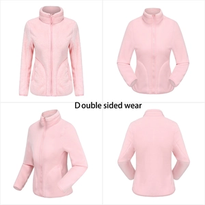 Detail view of pink double-sided fleece jacket showing two textures and zipper details