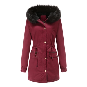Close-up of wine red parka featuring faux fur hood, drawstring waist, and gold metal buttons