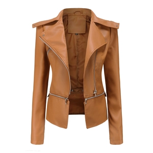 Detail shot of a slim-fit brown biker jacket featuring classic lapels and zipper pockets