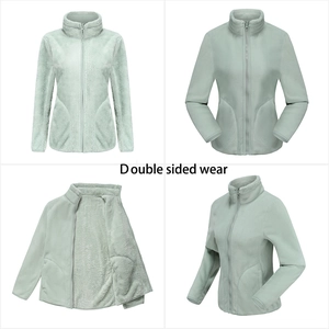 Detail view of double-sided wearable coral fleece jacket with stand collar and zipper