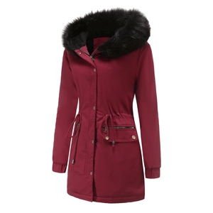 Detail of burgundy parka coat showing faux fur collar and drawstring waist design
