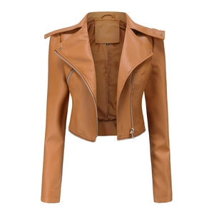 Detailed view of brown PU leather jacket with shoulder epaulettes and asymmetric zipper