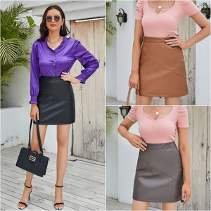 Jupe Courte En Cuir PU Pour Femmes Taille Haute Extensible Jupe Crayon Moulante Avec Coutures Diagonales Jupe Courte Couleur Unie