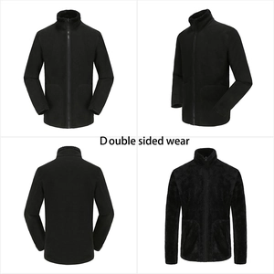 Detail showing front, side and back views of black double-sided fleece jacket