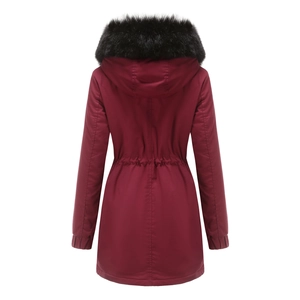 Back view of women's dark wine red hooded parka with black faux fur collar and drawstring waist