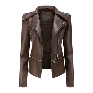 Detail of a dark brown faux leather biker jacket featuring a silver diagonal zipper and size S label
