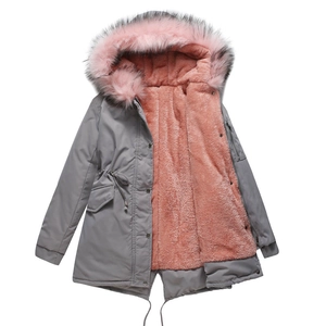 Women's gray parka with pink fleece lining and fluffy faux fur hood for winter