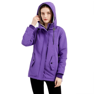 Parka épaisse à capuche violette pour femme avec doublure polaire et bordure beige