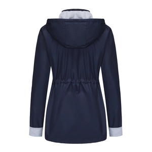 Rear view of navy blue hooded trench coat featuring adjustable waist drawstring and striped lining