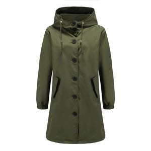Detail of army green long hooded windbreaker showing buttons and large pockets