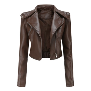 Detail view of brown faux leather biker jacket showing collar, size S tag, and metal zipper