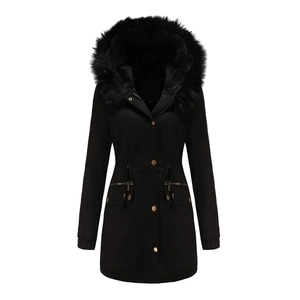 Women's black winter parka with faux fur hood, waist drawstring and warm lining