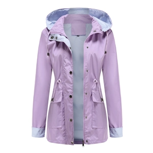 Detail of lilac waterproof jacket with striped lining and adjustable drawstring waist