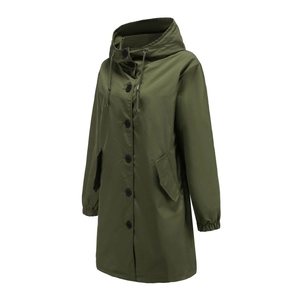 Detail view of water-resistant green windbreaker with hood, buttons, and large side pockets