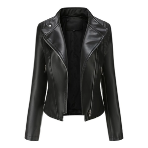 Détails de la veste en cuir PU noir avec épaules matelassées et fermetures éclair