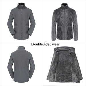Detailed views of dark grey double-sided fleece jacket showing textures and zipper design