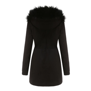 Rear view of black parka with oversized faux fur hood and adjustable waist detail