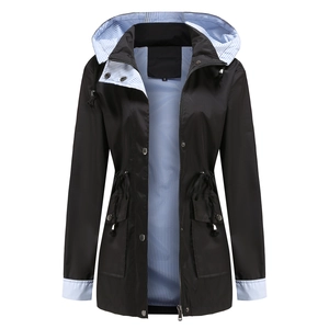 Detail of waterproof trench coat with striped lining and adjustable drawstring hood
