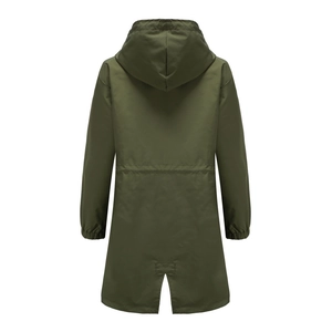 Back view of a long hooded windbreaker with elastic cuffs and a fishtail hem