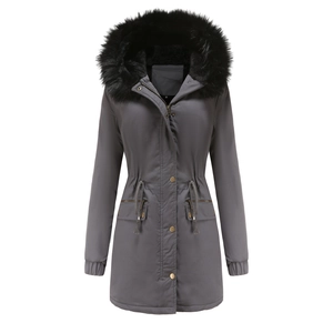 Detail view of winter parka coat with black faux fur hood and adjustable waist drawstring