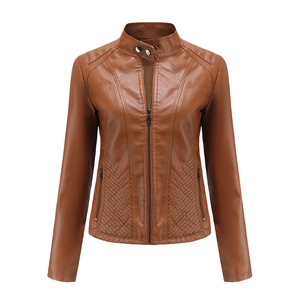 Women's slim fit brown faux leather jacket with stand collar and quilted diamond texture
