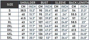Size chart for shirts including shoulder, bust, sleeve, and back length from S to 5XL