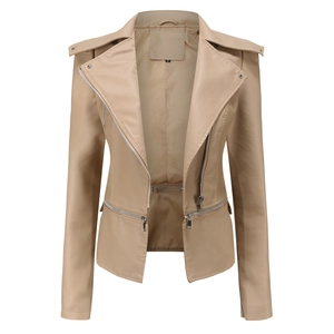 Detailed close-up of a women's beige faux leather biker jacket with a zipper and collar