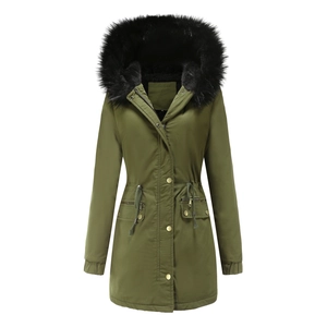 Detailed view of army green parka featuring black faux fur hood and metal snap buttons