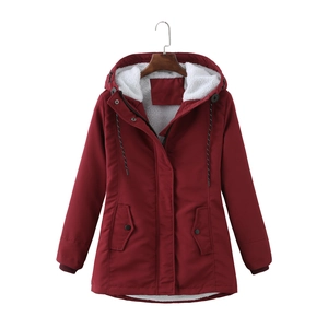 Women's burgundy hooded parka with warm white fleece lining and drawstring waist