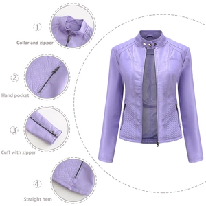 Women's light purple faux leather motorcycle jacket with quilted stitching and zipper details