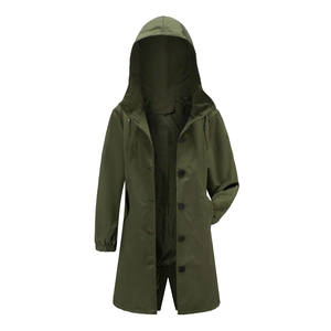 Detailed view of dark green water-resistant hooded jacket with size label and drawstrings