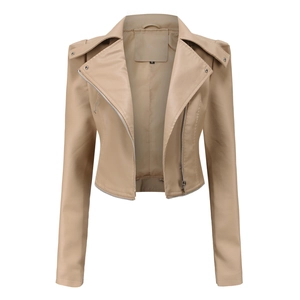 Detail view of beige leather jacket showing zipper texture and size S label