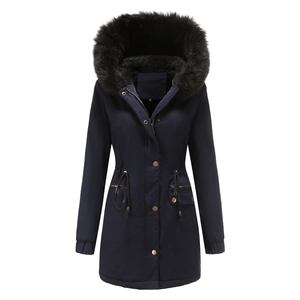 Detail of navy parka coat showing faux fur hood, waist drawstring and metallic snap buttons