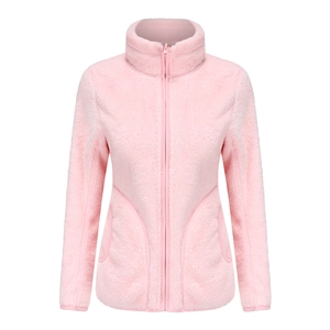Women's light pink reversible coral fleece jacket with a warm stand collar and full zip