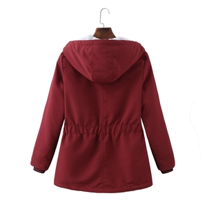 Back view of burgundy hooded parka with white lamb wool lining and drawstring waist