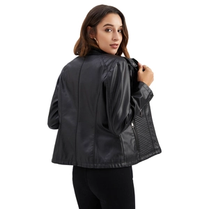 Women's minimalist black PU leather biker jacket with slim fit and zipper details