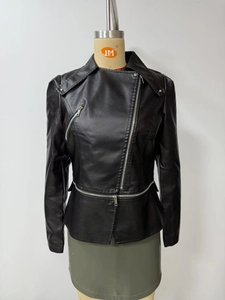 Close-up of black biker jacket featuring asymmetrical zipper and metallic rivet details