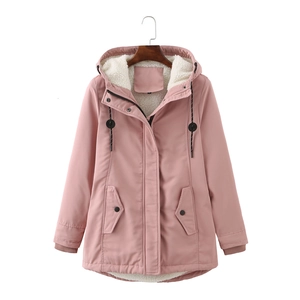 Women's pink hooded parka jacket with warm white sherpa lining and adjustable drawstrings
