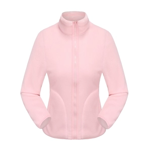 Detailed view of women's pink coral fleece jacket featuring a stand collar and full zipper