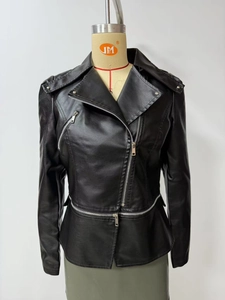 Detailed close-up of a black faux leather biker jacket with silver zippers and wide lapels